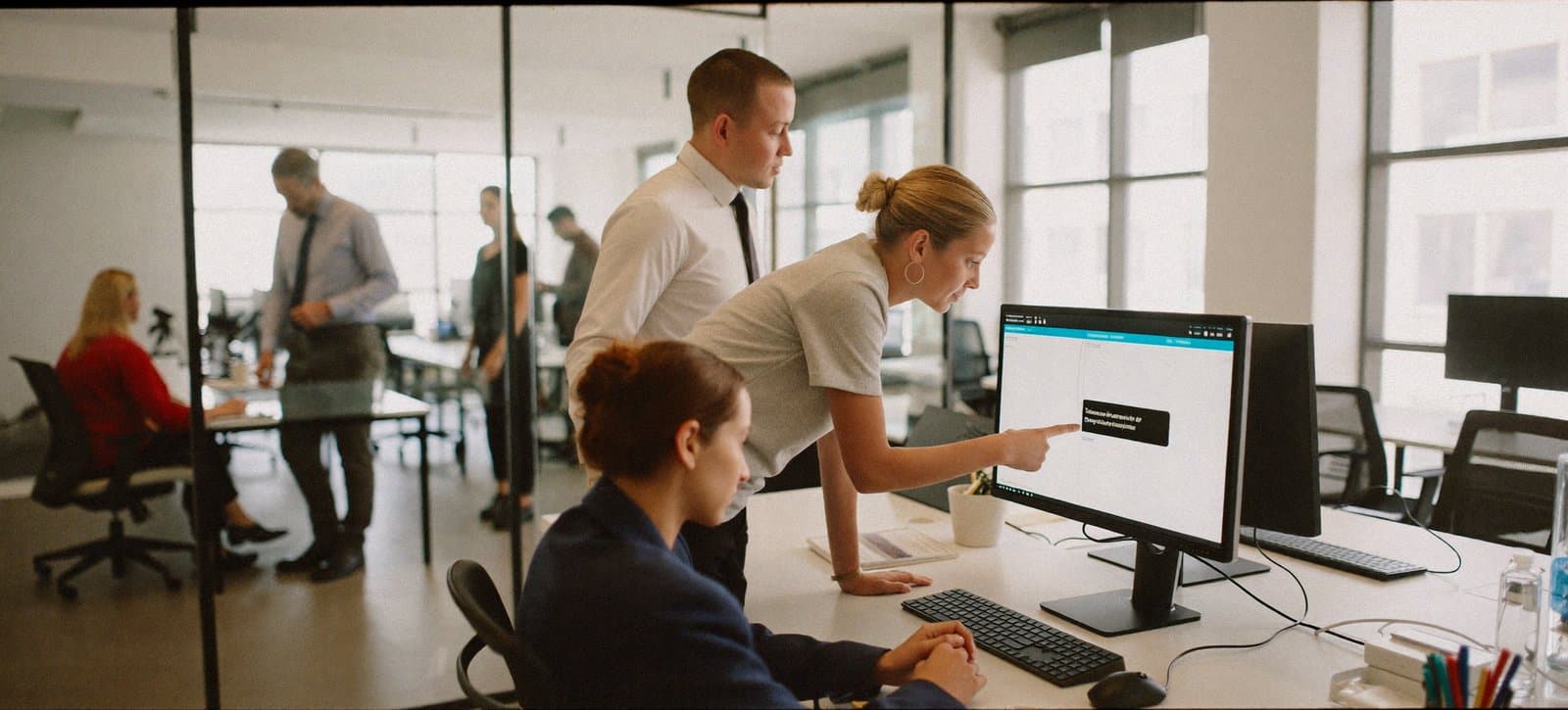 A manager and teammates reviewing a coaching note on a shared monitor in an open office