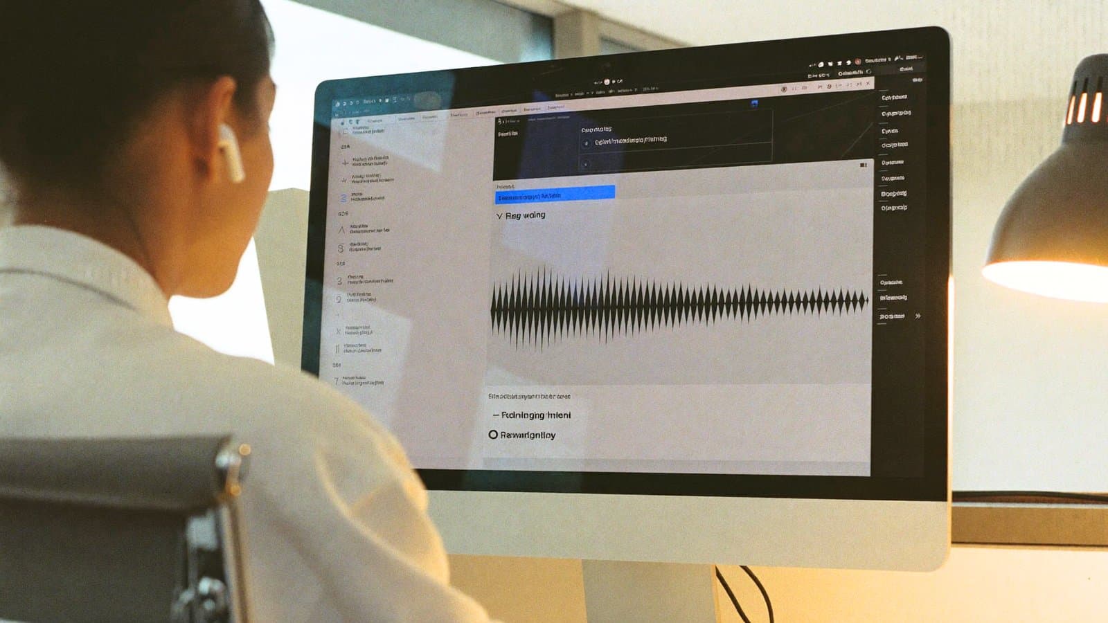 A person at a large monitor reviewing a call recording waveform