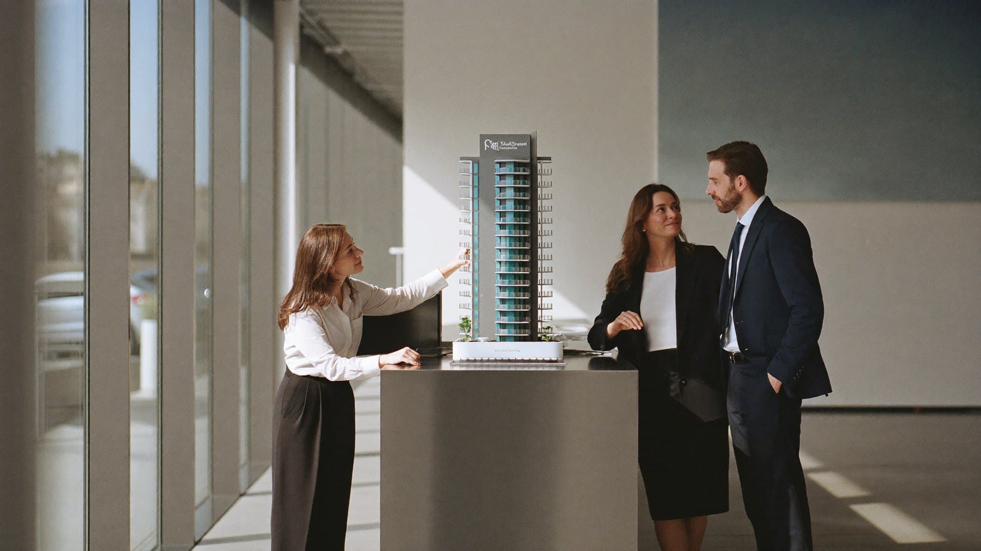 A sales team reviewing a scale model of a residential tower in a bright gallery