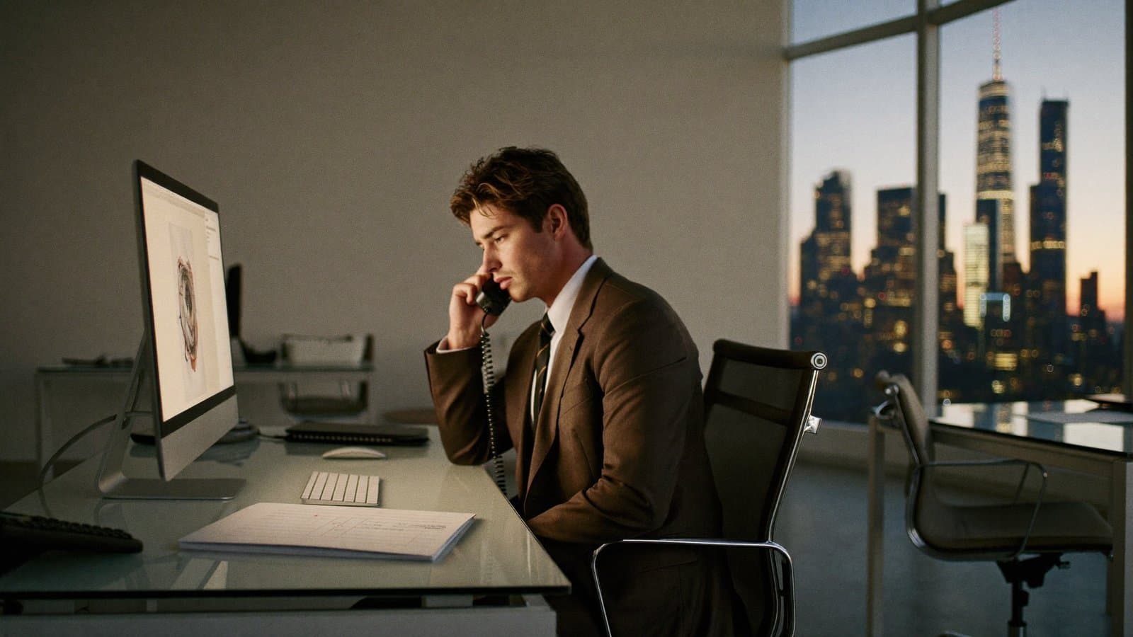 A real estate agent alone at a glass desk on the phone, city skyline at dusk behind him